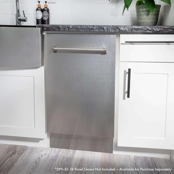 ZLINE 18 in. Tallac Series 3rd Rack Top Control Dishwasher in Custom Panel Ready with Stainless Steel Tub, 51dBa (DWV-18) in a kitchen with white cabinets and stone countertops.