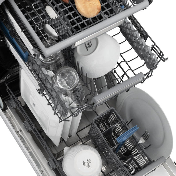 ZLINE 18 in. Tallac Series 3rd Rack Top Control Dishwasher in a Stainless Steel Tub and Panel, 51dBa (DWV-304-18) from above with dishes loaded on all three racks.
