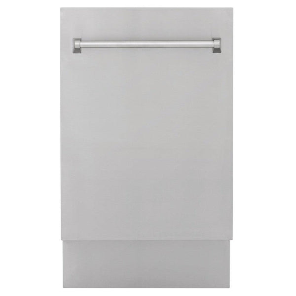 ZLINE 18 in. Tallac Series 3rd Rack Top Control Dishwasher in a Stainless Steel Tub and Panel, 51dBa (DWV-304-18) front, closed.