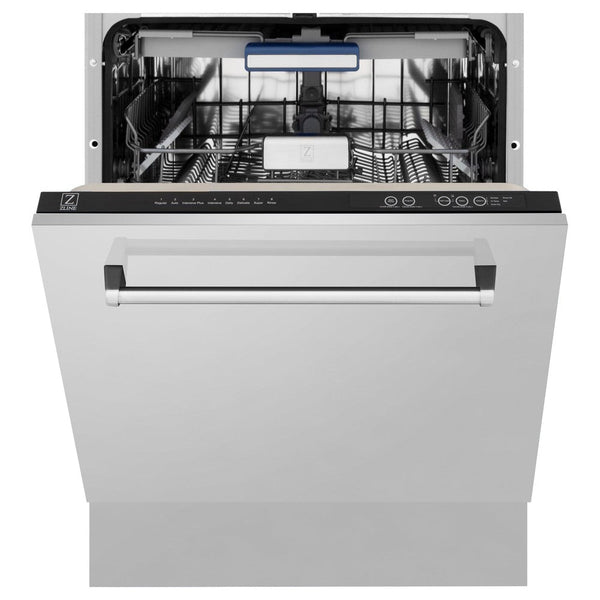 ZLINE 24 in. Tallac Series 3rd Rack Dishwasher in Stainless Steel with Traditional Handle, 51dBa (DWV-304-24) front, half open.