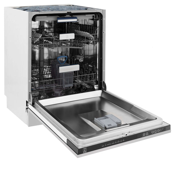 ZLINE 24" Stainless Steel Built-in Dishwasher side with door fully open.