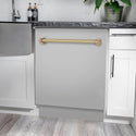 ZLINE Autograph Edition 24 in. 3rd Rack Top Control Tall Tub Dishwasher in Stainless Steel with Champagne Bronze Handle, 51dBa (DWVZ-304-24-CB) in a kitchen with white cabinets and stone countertops.