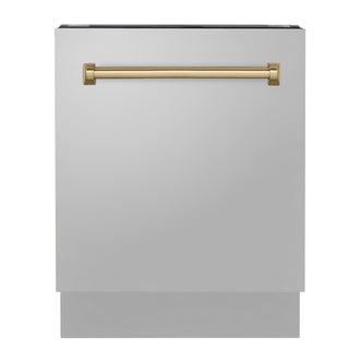 ZLINE Autograph Edition 24 in. 3rd Rack Top Control Tall Tub Dishwasher in Stainless Steel with Champagne Bronze Handle, 51dBa (DWVZ-304-24-CB) front, closed.