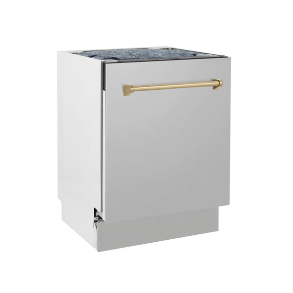 ZLINE Autograph Edition 24 in. 3rd Rack Top Control Tall Tub Dishwasher in Stainless Steel with Champagne Bronze Handle, 51dBa (DWVZ-304-24-CB) side, closed.
