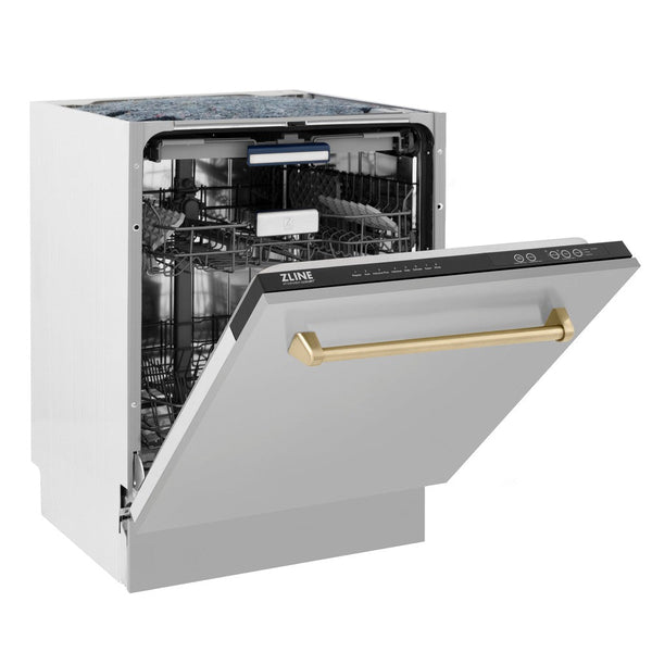ZLINE Autograph Edition 24 in. 3rd Rack Top Control Tall Tub Dishwasher in Stainless Steel with Champagne Bronze Handle, 51dBa (DWVZ-304-24-CB) side, half open.