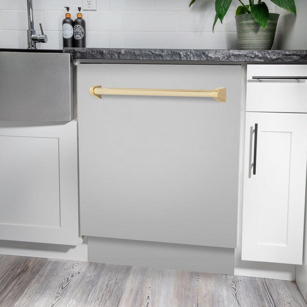 ZLINE Autograph Edition 24 in. 3rd Rack Top Control Tall Tub Dishwasher in Stainless Steel with Polished Gold Handle, 51dBa (DWVZ-304-24-G) in a kitchen with white cabinets and stone countertops.