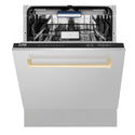 ZLINE Autograph Edition 24 in. 3rd Rack Top Control Tall Tub Dishwasher in Stainless Steel with Polished Gold Handle, 51dBa (DWVZ-304-24-G) front, half open.