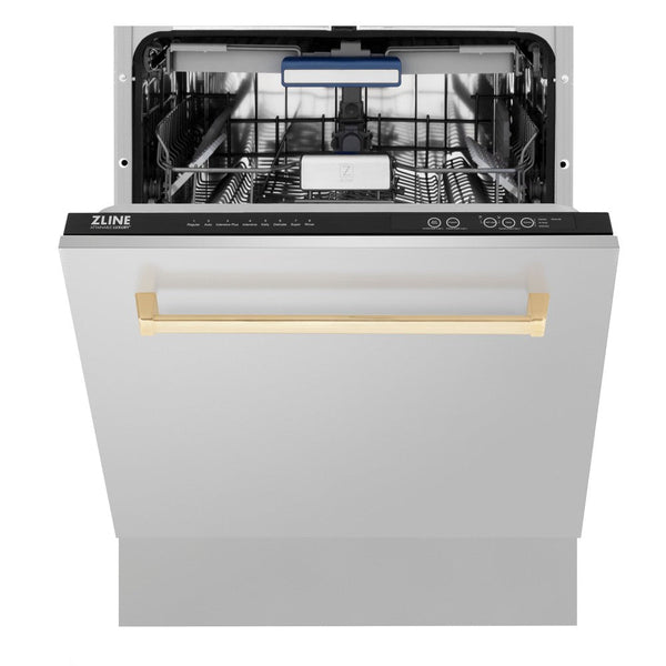 ZLINE Autograph Edition 24 in. 3rd Rack Top Control Tall Tub Dishwasher in Stainless Steel with Polished Gold Handle, 51dBa (DWVZ-304-24-G) front, half open.