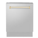 ZLINE Autograph Edition 24 in. 3rd Rack Top Control Tall Tub Dishwasher in Stainless Steel with Polished Gold Handle, 51dBa (DWVZ-304-24-G) front, closed.