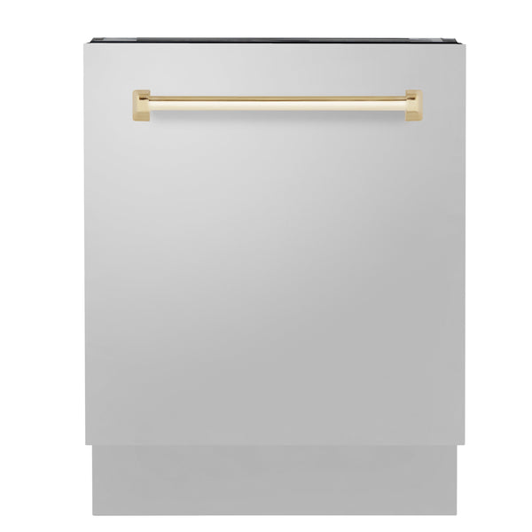 ZLINE Autograph Edition 24 in. 3rd Rack Top Control Tall Tub Dishwasher in Stainless Steel with Polished Gold Handle, 51dBa (DWVZ-304-24-G) front, closed.