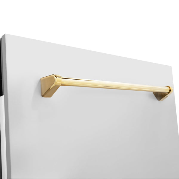 ZLINE Autograph Edition 24 in. 3rd Rack Top Control Tall Tub Dishwasher in Stainless Steel with Polished Gold Handle, 51dBa (DWVZ-304-24-G) close-up, handle on dishwasher exterior.