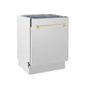 ZLINE Autograph Edition 24 in. 3rd Rack Top Control Tall Tub Dishwasher in Stainless Steel with Polished Gold Handle, 51dBa (DWVZ-304-24-G) side, closed.