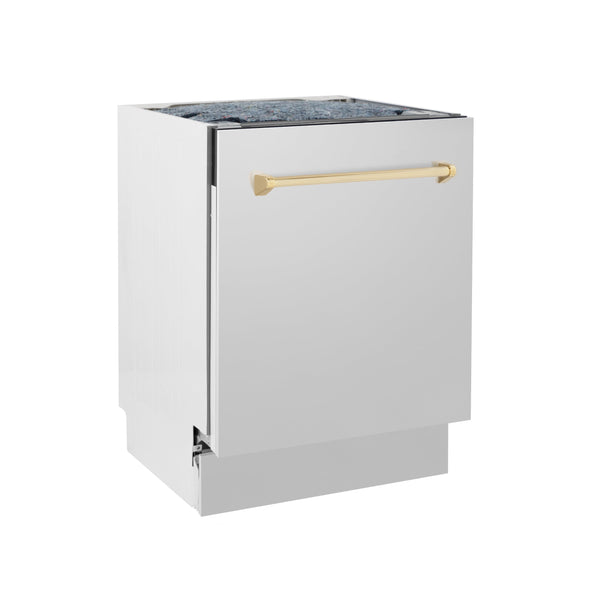 ZLINE Autograph Edition 24 in. 3rd Rack Top Control Tall Tub Dishwasher in Stainless Steel with Polished Gold Handle, 51dBa (DWVZ-304-24-G) side, closed.