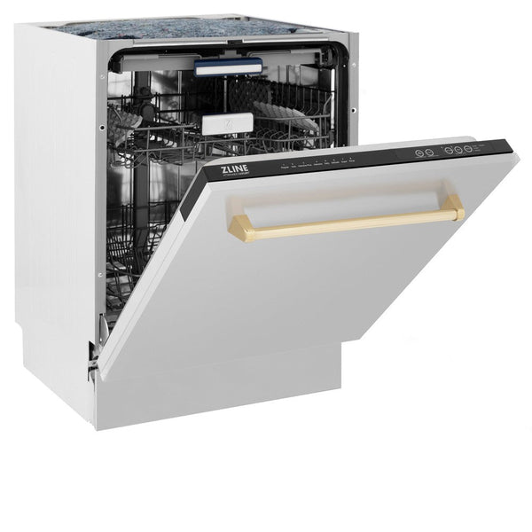 ZLINE Autograph Edition 24 in. 3rd Rack Top Control Tall Tub Dishwasher in Stainless Steel with Polished Gold Handle, 51dBa (DWVZ-304-24-G) front, open.
