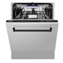 ZLINE Autograph Edition 24 in. 3rd Rack Top Control Tall Tub Dishwasher in Stainless Steel with Matte Black Handle, 51dBa (DWVZ-304-24-MB) front, half open.