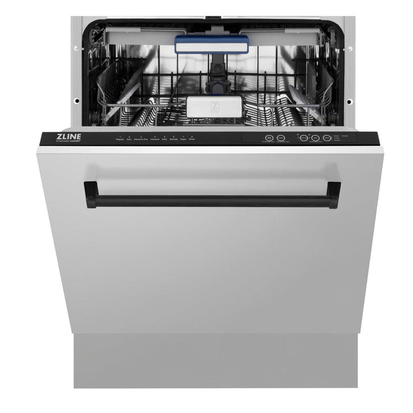 ZLINE Autograph Edition 24 in. 3rd Rack Top Control Tall Tub Dishwasher in Stainless Steel with Matte Black Handle, 51dBa (DWVZ-304-24-MB) front, half open.