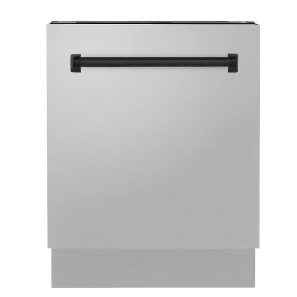 ZLINE Autograph Edition 24 in. 3rd Rack Top Control Tall Tub Dishwasher in Stainless Steel with Matte Black Handle, 51dBa (DWVZ-304-24-MB) front, closed.