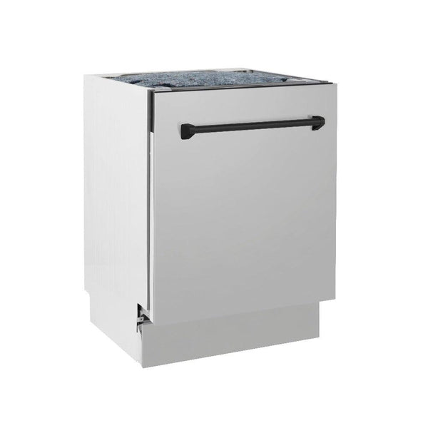 ZLINE Autograph Edition 24 in. 3rd Rack Top Control Tall Tub Dishwasher in Stainless Steel with Matte Black Handle, 51dBa (DWVZ-304-24-MB) side, closed.