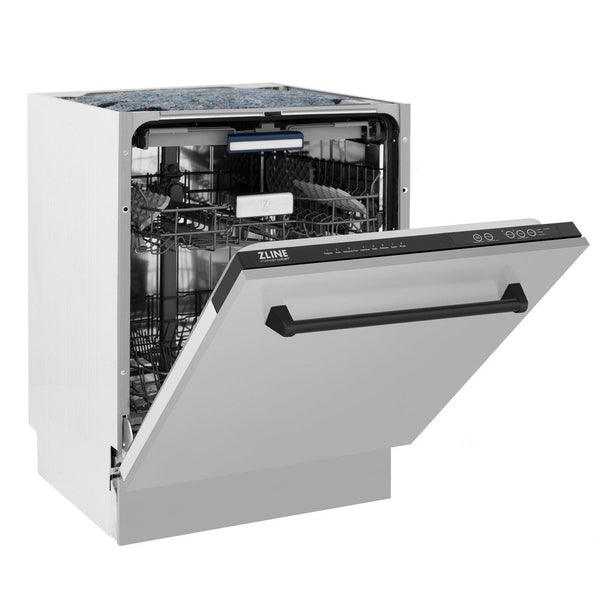 ZLINE Autograph Edition 24 in. 3rd Rack Top Control Tall Tub Dishwasher in Stainless Steel with Matte Black Handle, 51dBa (DWVZ-304-24-MB) side, half open.