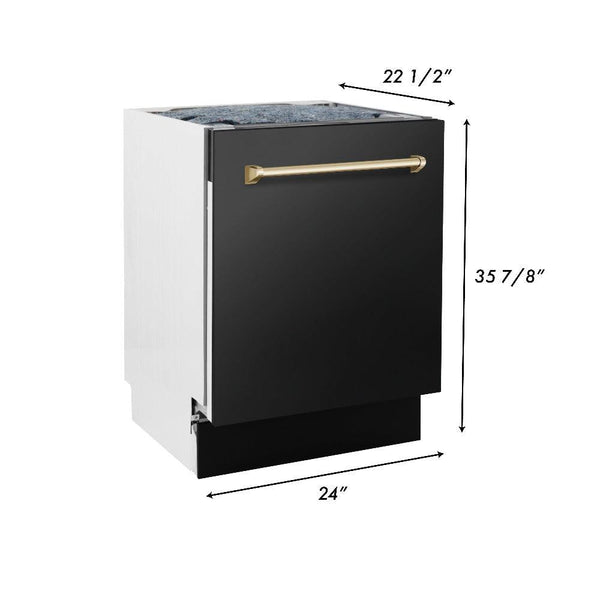 ZLINE Autograph Edition 24 in. 3rd Rack Top Control Tall Tub Dishwasher in Black Stainless Steel with Champagne Bronze Accent Handle, 51dBa (DWVZ-BS-24-CB) dimensional diagram with measurements.