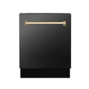ZLINE Autograph Edition 24 in. 3rd Rack Top Control Tall Tub Dishwasher in Black Stainless Steel with Champagne Bronze Accent Handle, 51dBa (DWVZ-BS-24-CB) front, closed.