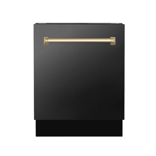 ZLINE Autograph Edition 24" Tallac Series 3rd Rack Top Control Built-In Tall Tub Dishwasher in Black Stainless Steel with Champagne Bronze Handle, 51dBa (DWVZ-BS-24-CB)