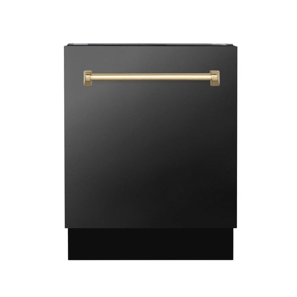 ZLINE Autograph Edition 24 in. 3rd Rack Top Control Tall Tub Dishwasher in Black Stainless Steel with Champagne Bronze Accent Handle, 51dBa (DWVZ-BS-24-CB) front, closed.