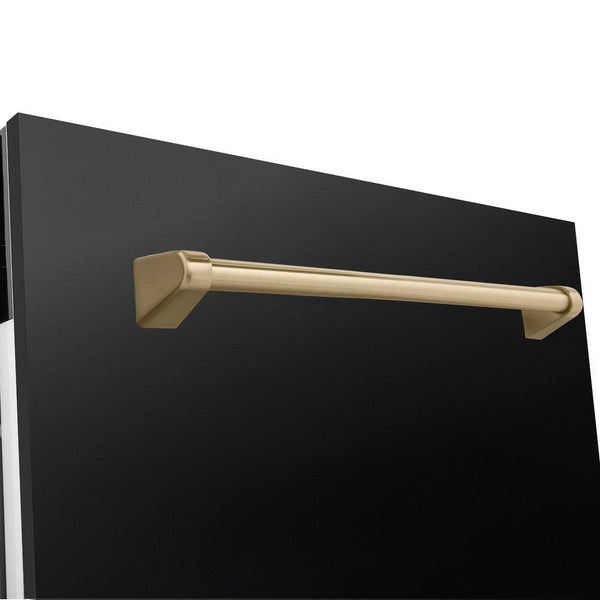 ZLINE Autograph Edition 24 in. 3rd Rack Top Control Tall Tub Dishwasher in Black Stainless Steel with Champagne Bronze Accent Handle, 51dBa (DWVZ-BS-24-CB) close-up, handle on dishwasher exterior.
