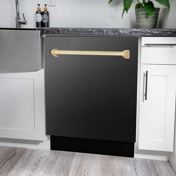 ZLINE Autograph Edition 24 in. 3rd Rack Top Control Tall Tub Dishwasher in Black Stainless Steel with Polished Gold Accent Handle, 51dBa (DWVZ-BS-24-G) in a kitchen with white cabinets and stone countertops.
