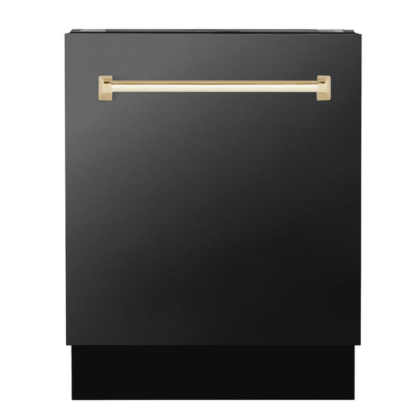 ZLINE Autograph Edition 24 in. 3rd Rack Top Control Tall Tub Dishwasher in Black Stainless Steel with Polished Gold Accent Handle, 51dBa (DWVZ-BS-24-G)