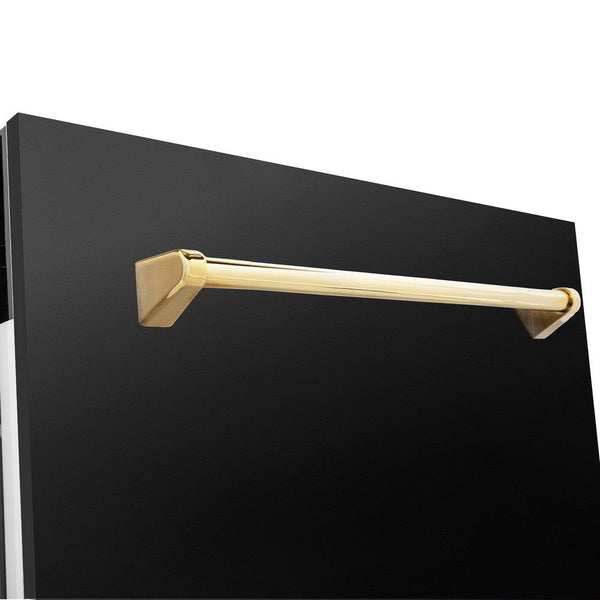 ZLINE Autograph Edition 24 in. 3rd Rack Top Control Tall Tub Dishwasher in Black Stainless Steel with Polished Gold Accent Handle, 51dBa (DWVZ-BS-24-G) close-up, handle on dishwasher exterior.