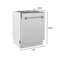 ZLINE Autograph Edition 24 in. Tallac Series 3rd Rack Top Control Built-In Tall Tub Dishwasher with Satin Stainless Steel Panel and Champagne Bronze Handle, 51dBa (DWVZ-SN-24-CB)