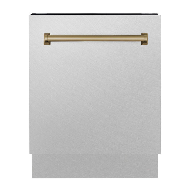 ZLINE Autograph Edition 24 in. 3rd Rack Top Control Tall Tub Dishwasher in Fingerprint Resistant Stainless Steel with Champagne Bronze Accent Handle, 51dBa (DWVZ-SN-24-CB) front, closed.