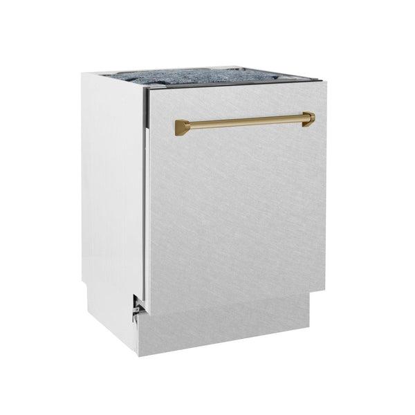 ZLINE Autograph Edition 24 in. 3rd Rack Top Control Tall Tub Dishwasher in Fingerprint Resistant Stainless Steel with Champagne Bronze Accent Handle, 51dBa (DWVZ-SN-24-CB) side, closed.