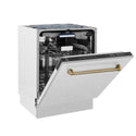 ZLINE Autograph Edition 24 in. Tallac Series 3rd Rack Top Control Built-In Tall Tub Dishwasher with Satin Stainless Steel Panel and Champagne Bronze Handle, 51dBa (DWVZ-SN-24-CB)
