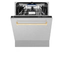ZLINE Autograph Edition 24 in. Tallac Series 3rd Rack Top Control Built-In Tall Tub Dishwasher with Satin Stainless Steel Panel and Polished Gold Handle, 51dBa (DWVZ-SN-24-G)