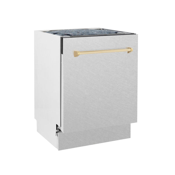 ZLINE Autograph Edition 24 in. 3rd Rack Top Control Tall Tub Dishwasher in Fingerprint Resistant Stainless Steel with Polished Gold Accent Handle, 51dBa (DWVZ-SN-24-G) side, closed.