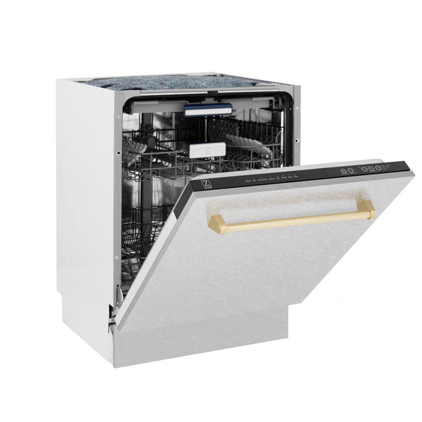 ZLINE Autograph Edition 24 in. 3rd Rack Top Control Tall Tub Dishwasher in Fingerprint Resistant Stainless Steel with Polished Gold Accent Handle, 51dBa (DWVZ-SN-24-G) side, half open.