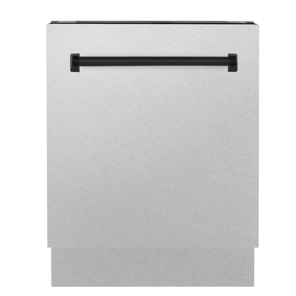 ZLINE Autograph Edition 24 in. 3rd Rack Top Control Tall Tub Dishwasher in Fingerprint Resistant Stainless Steel with Matte Black Accent Handle, 51dBa (DWVZ-SN-24-MB) front, closed.