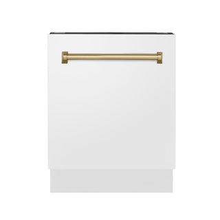 ZLINE Autograph Edition 24" Tallac Series 3rd Rack Top Control Built-In Tall Tub Dishwasher in White Matte with Champagne Bronze Handle, 51dBa (DWVZ-WM-24-CB)