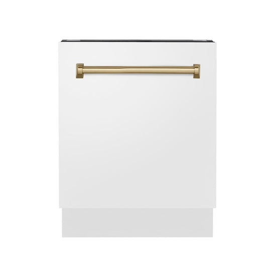 ZLINE Autograph Edition 24" Tallac Series 3rd Rack Top Control Built-In Tall Tub Dishwasher in White Matte with Champagne Bronze Handle, 51dBa (DWVZ-WM-24-CB)