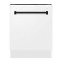 ZLINE Autograph Edition 24 in. 3rd Rack Top Control Tall Tub Dishwasher in White Matte with Matte Black Accent Handle, 51dBa (DWVZ-WM-24-MB) front, closed.