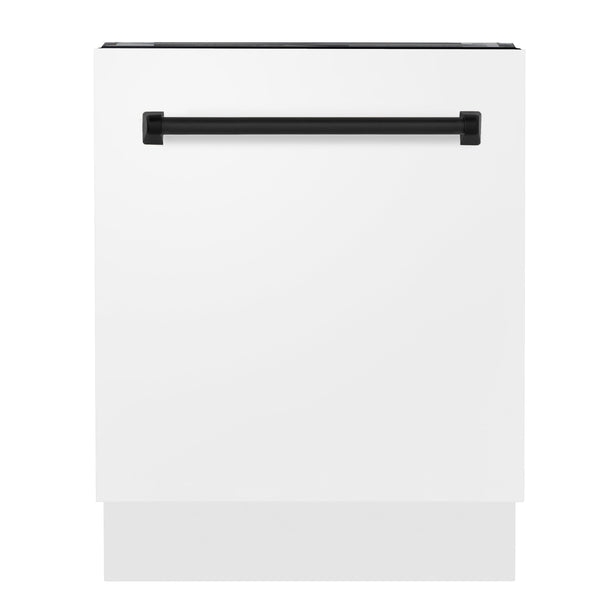 ZLINE Autograph Edition 24 in. 3rd Rack Top Control Tall Tub Dishwasher in White Matte with Matte Black Accent Handle, 51dBa (DWVZ-WM-24-MB) front, closed.
