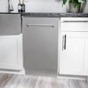 ZLINE 18 in. Tallac Series 3rd Rack Top Control Dishwasher in a Stainless Steel Tub and Panel, 51dBa (DWV-304-18) in a kitchen with white cabinets and stone countertops.
