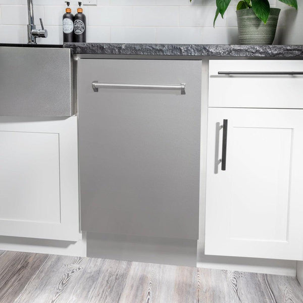 ZLINE 18 in. Tallac Series 3rd Rack Top Control Dishwasher in a Stainless Steel Tub and Panel, 51dBa (DWV-304-18) in a kitchen with white cabinets and stone countertops.