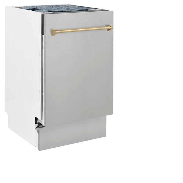 ZLINE Autograph Edition 18 in. Compact 3rd Rack Top Control Dishwasher in Stainless Steel with Champagne Bronze Handle, 51dBa (DWVZ-304-18-CB) front, closed.