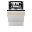 ZLINE Autograph Edition 18 in. Compact 3rd Rack Top Control Dishwasher in Stainless Steel with Polished Gold Handle, 51dBa (DWVZ-304-18-G) front, half open.