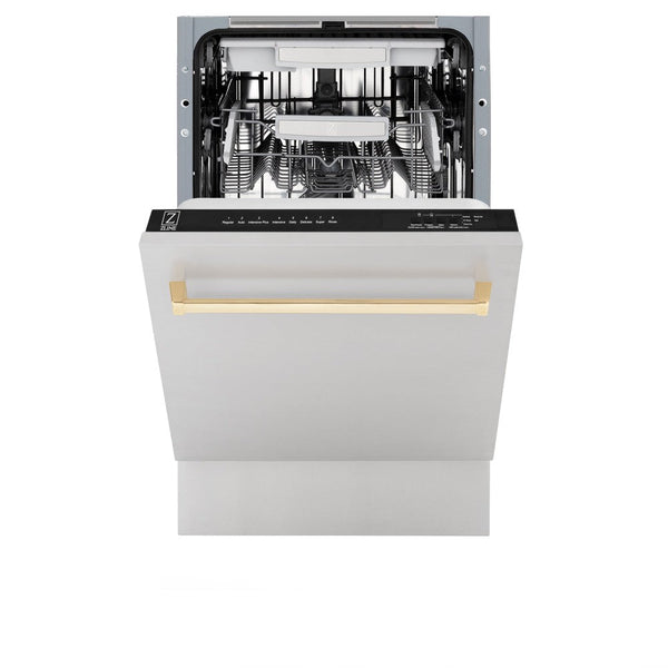ZLINE Autograph Edition 18 in. Compact 3rd Rack Top Control Dishwasher in Stainless Steel with Polished Gold Handle, 51dBa (DWVZ-304-18-G) front, half open.