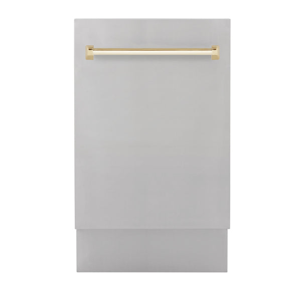 ZLINE Autograph Edition 18 in. Compact 3rd Rack Top Control Dishwasher in Stainless Steel with Polished Gold Handle, 51dBa (DWVZ-304-18-G) front, closed.