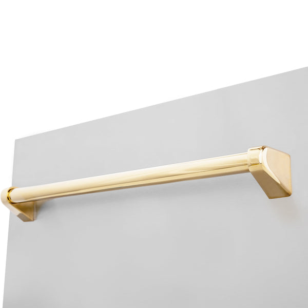 ZLINE Autograph Edition 18 in. Compact 3rd Rack Top Control Dishwasher in Stainless Steel with Polished Gold Handle, 51dBa (DWVZ-304-18-G) close-up, handle on dishwasher exterior.